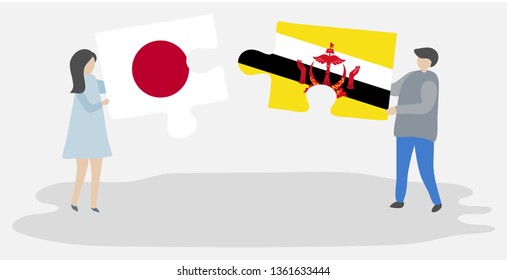 Couple holding two puzzles pieces with Japanese and Bruneian flags. Japan and Brunei national symbols together.