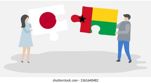 Couple holding two puzzles pieces with Japanese and Bissau-Guinean flags. Japan and Guinea-Bissau national symbols together.