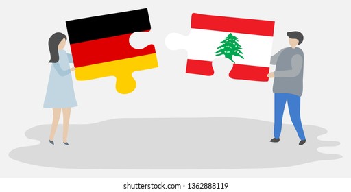 Couple holding two puzzles pieces with German and Lebanese flags. Germany and Lebanon national symbols together.