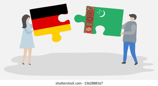 Couple holding two puzzles pieces with German and Turkmen flags. Germany and Turkmenistan national symbols together.