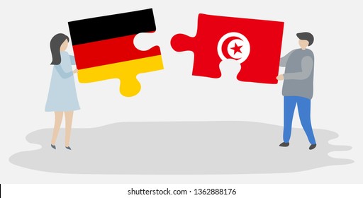 Couple holding two puzzles pieces with German and Tunisian flags. Germany and Tunisia national symbols together.