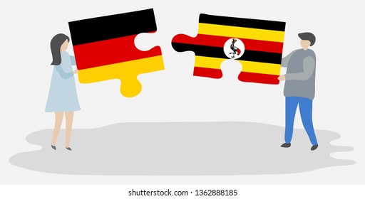 Couple holding two puzzles pieces with German and Ugandan flags. Germany and Uganda national symbols together.