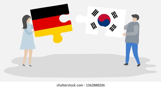 Couple holding two puzzles pieces with German and South Korean flags. Germany and South Korea national symbols together.