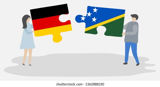 Couple holding two puzzles pieces with German and Solomon Island flags. Germany and Solomon Islands national symbols together.