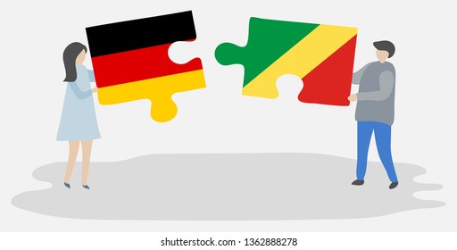 Couple holding two puzzles pieces with German and Congolese flags. Germany and Republic of the Congo national symbols together.