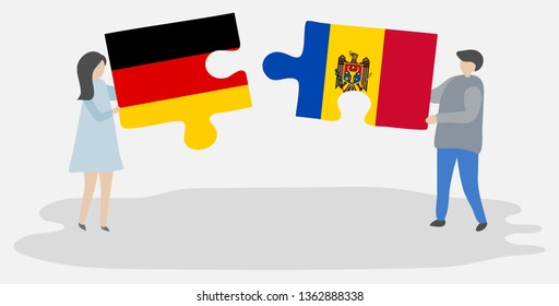 Couple holding two puzzles pieces with German and Moldovan flags. Germany and Moldova national symbols together.