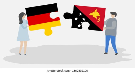 Couple holding two puzzles pieces with German and Papuan flags. Germany and Papua New Guinea national symbols together.