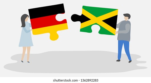 Couple holding two puzzles pieces with German and Jamaican flags. Germany and Jamaica national symbols together.