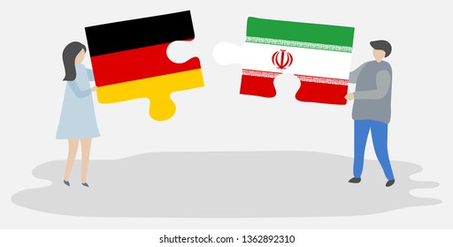 Couple holding two puzzles pieces with German and Iranian flags. Germany and Iran national symbols together.