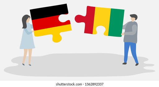 Couple holding two puzzles pieces with German and Guinean flags. Germany and Guinea national symbols together.