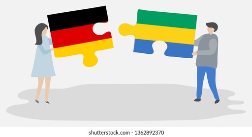 Couple holding two puzzles pieces with German and Gabonese flags. Germany and Gabon national symbols together.