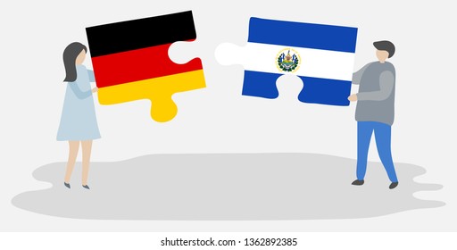 Couple holding two puzzles pieces with German and Salvadoran flags. Germany and El Salvador national symbols together.