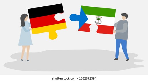 Couple holding two puzzles pieces with German and Equatorial Guinean flags. Germany and Equatorial Guinea national symbols together.