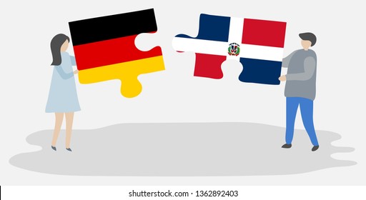 Couple holding two puzzles pieces with German and Dominican flags. Germany and Dominican Republic national symbols together.