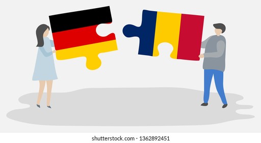 Couple holding two puzzles pieces with German and Chadian flags. Germany and Chad national symbols together.