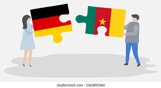 Couple holding two puzzles pieces with German and Cameroonian flags. Germany and Cameroon national symbols together.