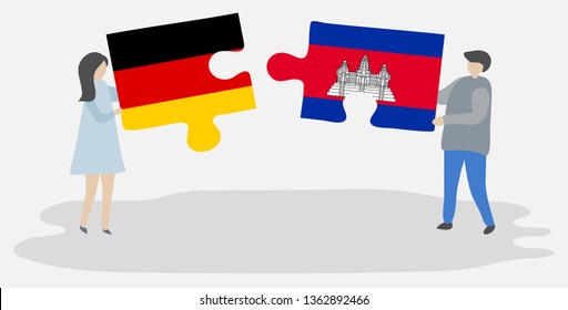 Couple holding two puzzles pieces with German and Cambodian flags. Germany and Cambodia national symbols together.