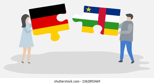 Couple holding two puzzles pieces with German and Central African flags. Germany and Central African Republic national symbols together.