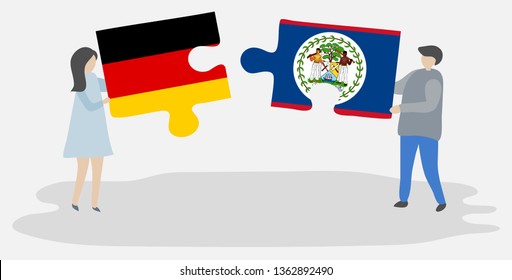 Couple holding two puzzles pieces with German and Belizean flags. Germany and Belize national symbols together.