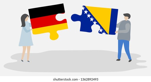 Couple holding two puzzles pieces with German and Bosnian flags. Germany and Bosnia and Herzegovina national symbols together.