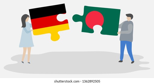 Couple holding two puzzles pieces with German and Bangladeshi flags. Germany and Bangladesh national symbols together.
