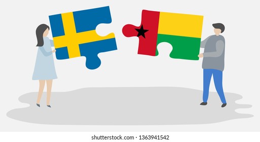 Couple holding two puzzles pieces with Swedish and Bissau-Guinean flags. Sweden and Guinea-Bissau national symbols together.