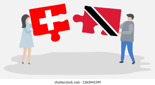 Couple holding two puzzles pieces with Swiss and Trinidadian flags. Switzerland and Trinidad and Tobago national symbols together.