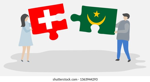 Couple holding two puzzles pieces with Swiss and Mauritanian flags. Switzerland and Mauritania national symbols together.