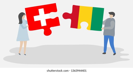 Couple holding two puzzles pieces with Swiss and Guinean flags. Switzerland and Guinea national symbols together.