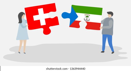 Couple holding two puzzles pieces with Swiss and Equatorial Guinean flags. Switzerland and Equatorial Guinea national symbols together.