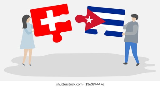 Couple holding two puzzles pieces with Swiss and Cuban flags. Switzerland and Cuba national symbols together.