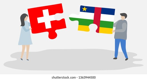Couple holding two puzzles pieces with Swiss and Central African flags. Switzerland and Central African Republic national symbols together.