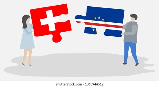 Couple holding two puzzles pieces with Swiss and Cabo Verdean flags. Switzerland and Cape Verde national symbols together.