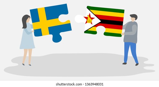 Couple holding two puzzles pieces with Swedish and Zimbabwean flags. Sweden and Zimbabwe national symbols together.