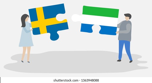 Couple holding two puzzles pieces with Swedish and Sierra Leonean flags. Sweden and Sierra Leone national symbols together.