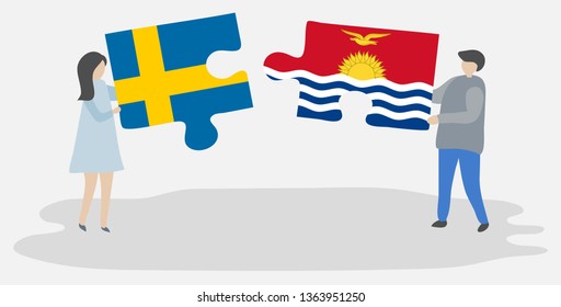 Couple holding two puzzles pieces with Swedish and I-Kiribati flags. Sweden and Kiribati national symbols together.