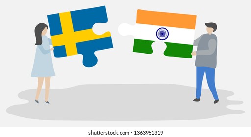 Couple holding two puzzles pieces with Swedish and Indian flags. Sweden and India national symbols together.