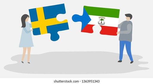 Couple holding two puzzles pieces with Swedish and Equatorial Guinean flags. Sweden and Equatorial Guinea national symbols together.