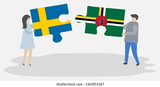 Couple holding two puzzles pieces with Swedish and Dominican flags. Sweden and Dominica national symbols together.