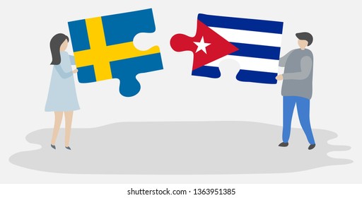 Couple holding two puzzles pieces with Swedish and Cuban flags. Sweden and Cuba national symbols together.