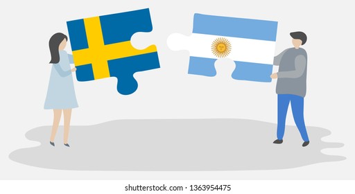 Couple holding two puzzles pieces with Swedish and Argentinian flags. Sweden and Argentina national symbols together.