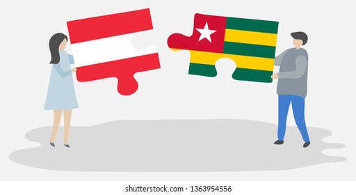 Couple holding two puzzles pieces with Austrian and Togolese flags. Austria and Togo national symbols together.
