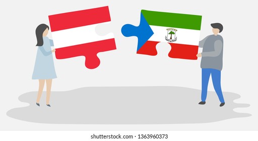 Couple holding two puzzles pieces with Austrian and Equatorial Guinean flags. Austria and Equatorial Guinea national symbols together.