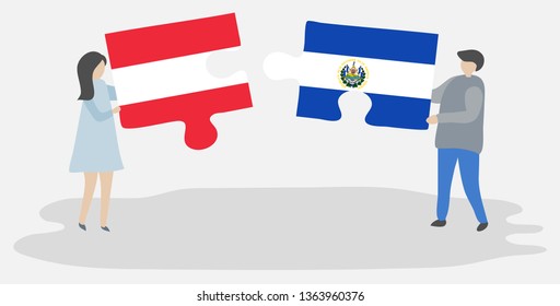 Couple holding two puzzles pieces with Austrian and Salvadoran flags. Austria and El Salvador national symbols together.