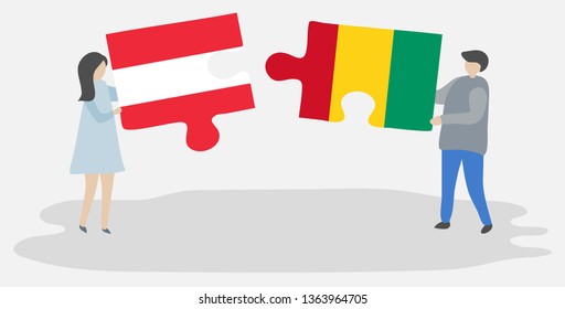 Couple holding two puzzles pieces with Austrian and Guinean flags. Austria and Guinea national symbols together.