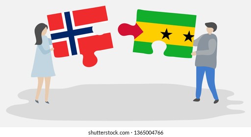 Couple holding two puzzles pieces with Norwegian and Sao Tomean flags. Norway and Sao Tome and Principe national symbols together.