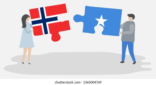 Couple holding two puzzles pieces with Norwegian and Somali flags. Norway and Somalia national symbols together.