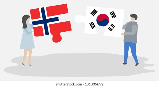 Couple holding two puzzles pieces with Norwegian and South Korean flags. Norway and South Korea national symbols together.