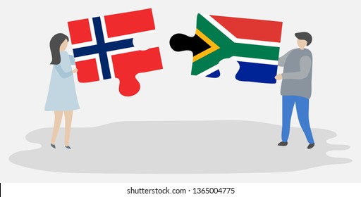 Couple holding two puzzles pieces with Norwegian and South African flags. Norway and South Africa national symbols together.