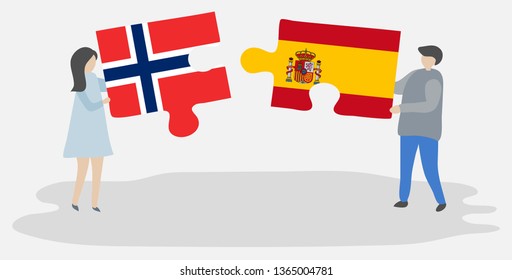 Couple holding two puzzles pieces with Norwegian and Spanish flags. Norway and Spain national symbols together.